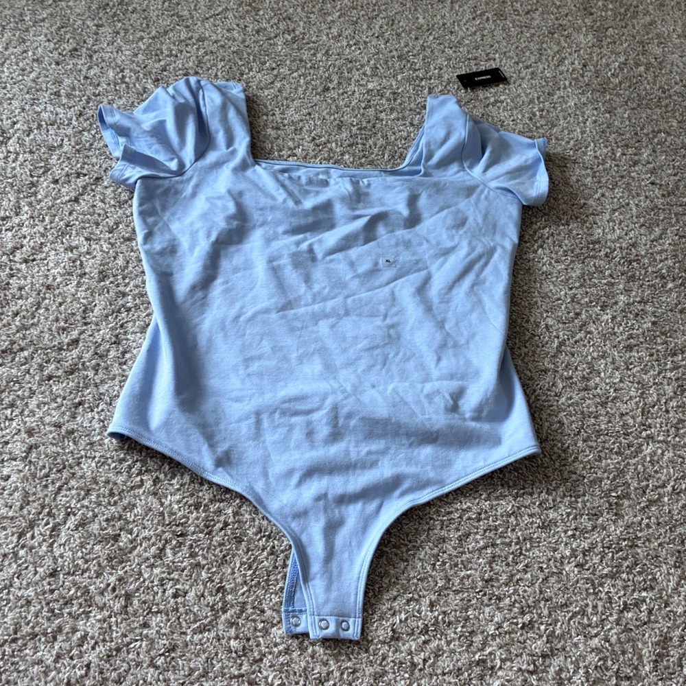 Express Body Contour Light Blue Square Neck Short Sleeve Bodysuit XL NWT